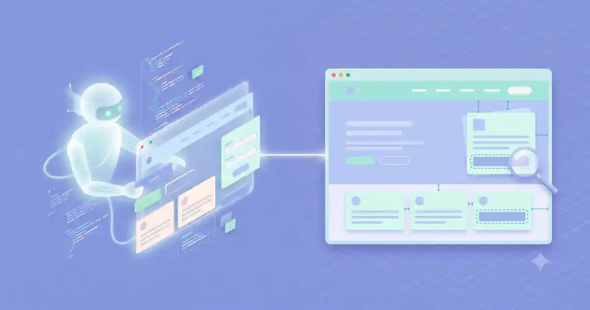 Illustration of an AI agent assembling a web interface from code fragments, beside the rendered page showing small layout and accessibility flaws